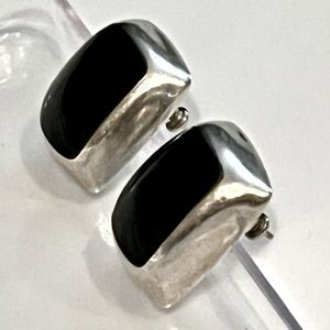 Signed, Taxco Vintage Mid Century Modern Sterling Silver Onyx post Earrings